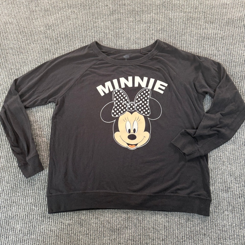 Disney Women Minnie Mouse Graphic Long Sleeve T Shirt XL Black Raglan Cotton